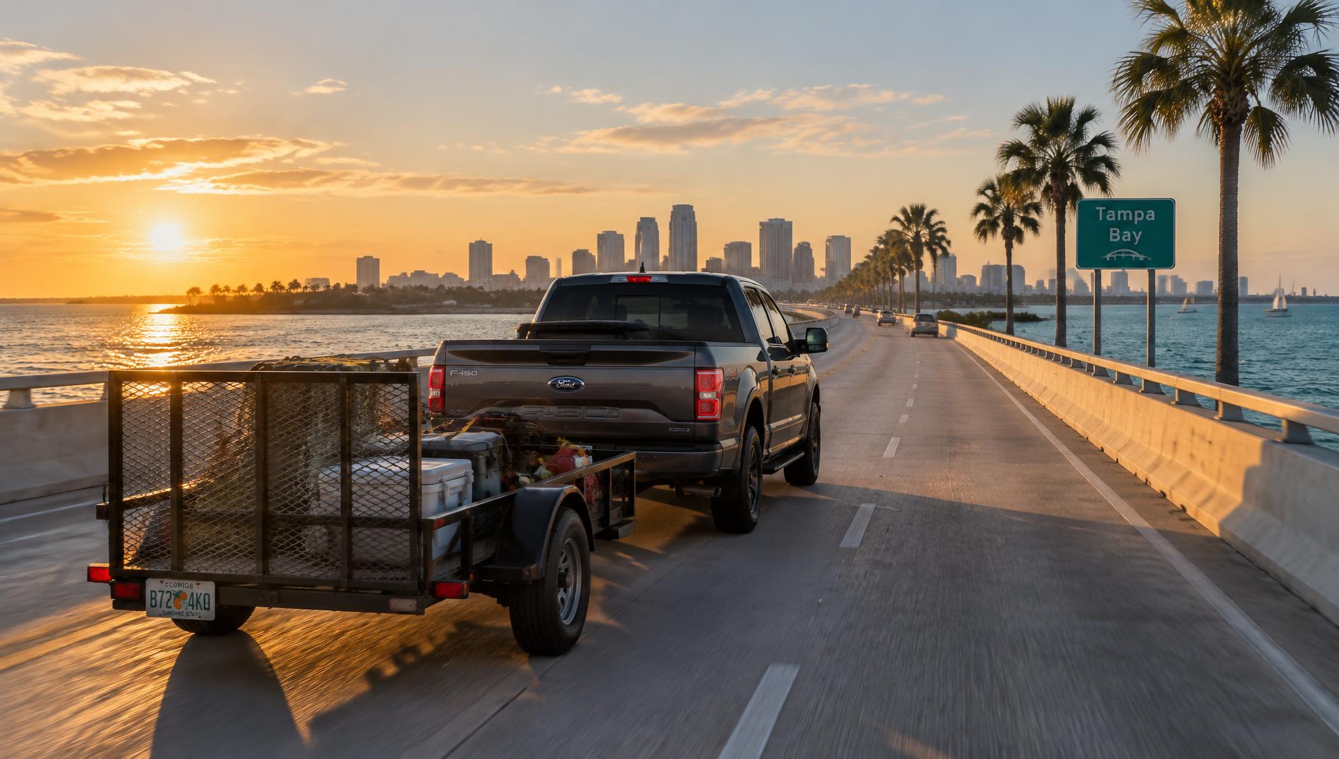 A pickup truck towing a utility trailer across a Tampa Bay causeway at sunset